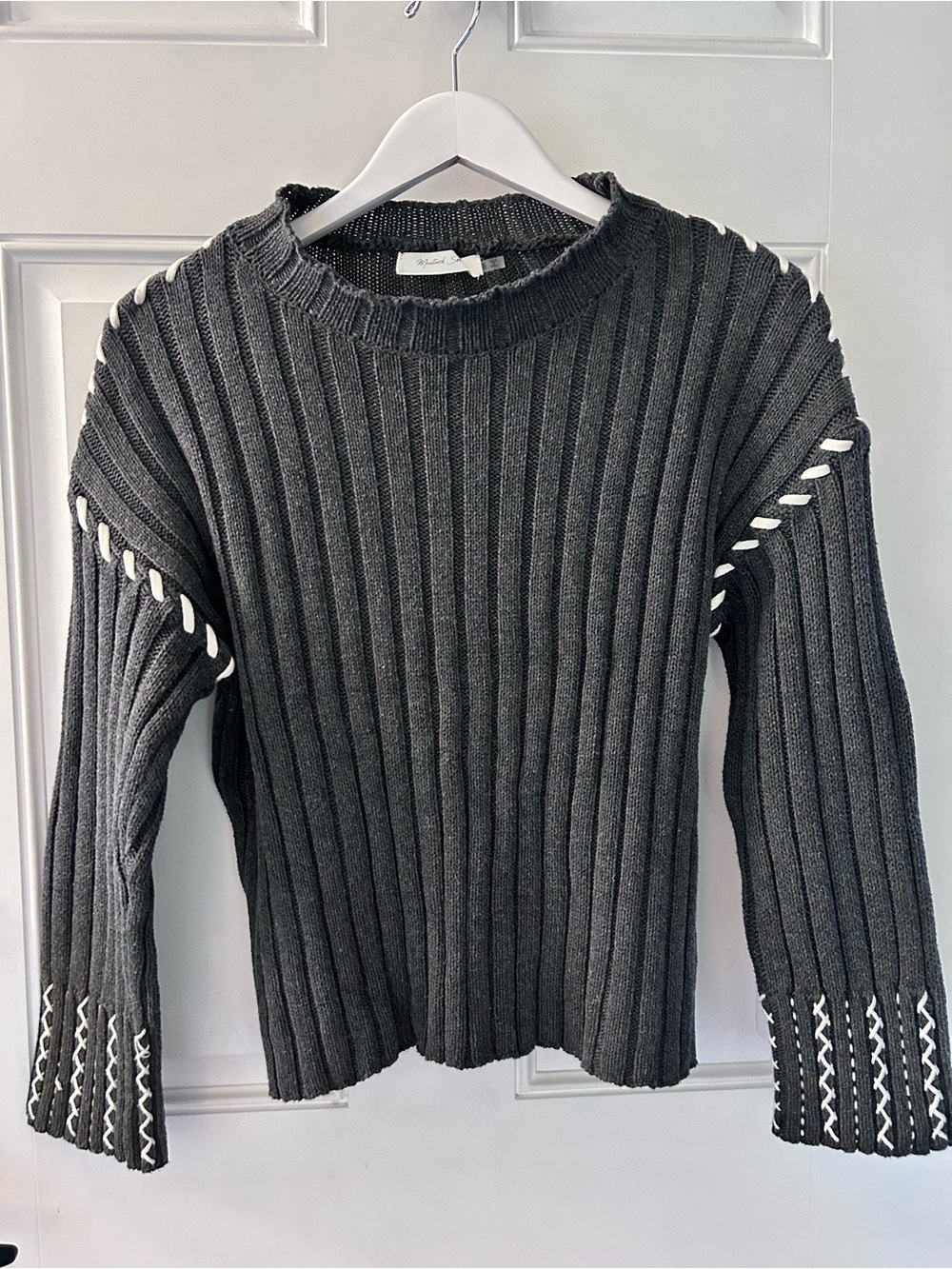 Mustard Seed Charcoal Ribbed Crewneck Sweater with White Stitching